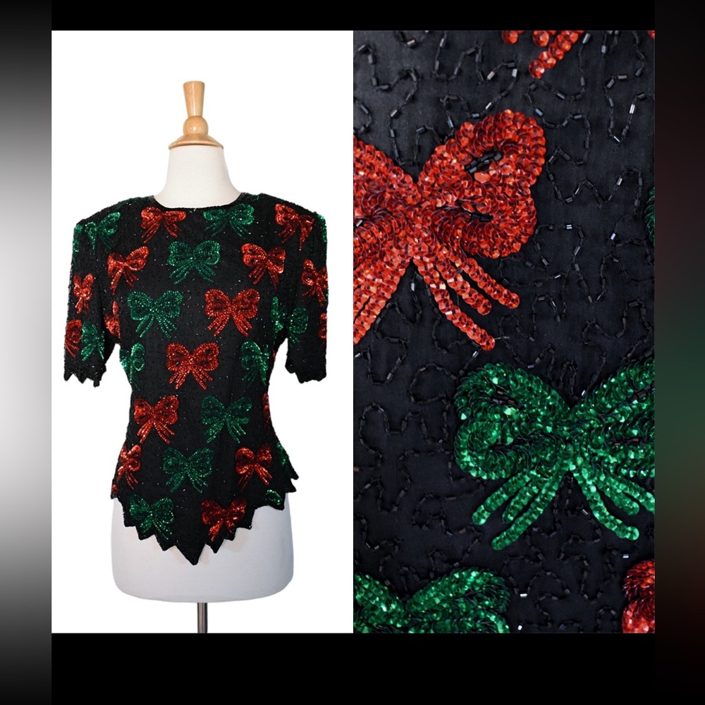 Vintage Laurence Kazar Black Red Embellished Asymmetrical Blouse